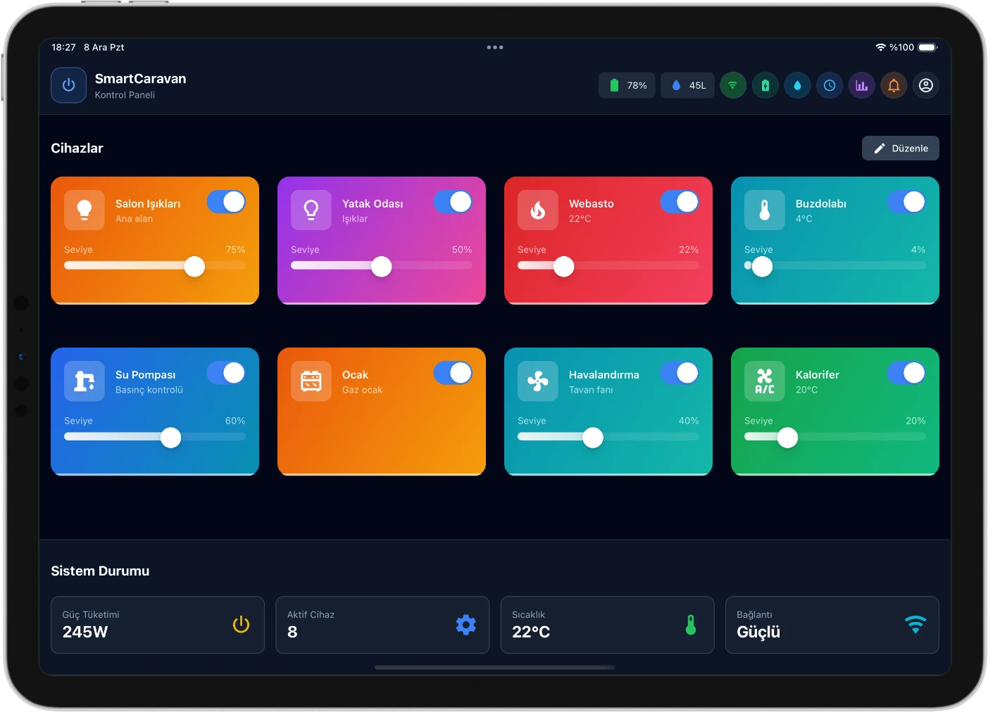 Existing CaravanOS tablet interface preview with energy, water and device controls